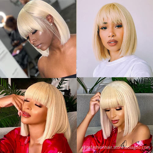 100% Brazilian Virgin Human Hair Glueless 613 Blonde Color Wig Flat Bang for for black Women Straight Short Bob Wigs with Bangs